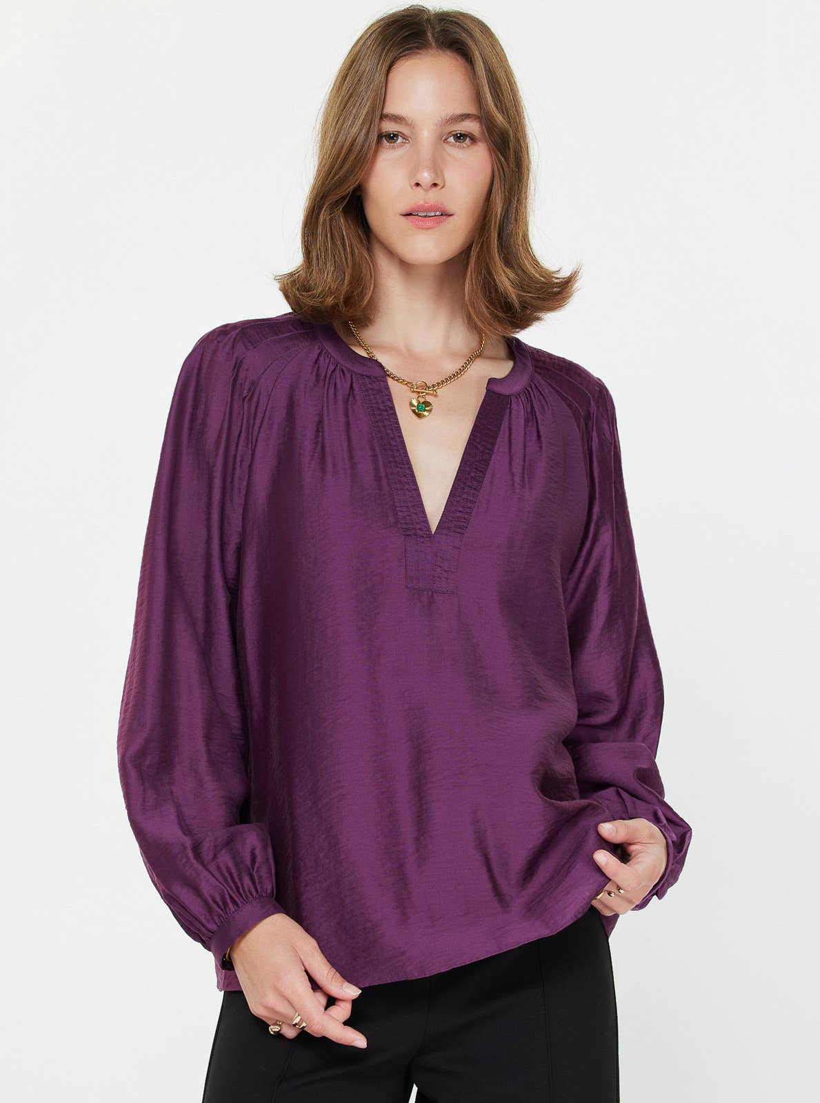Long-sleeve Split Neck Blouse
