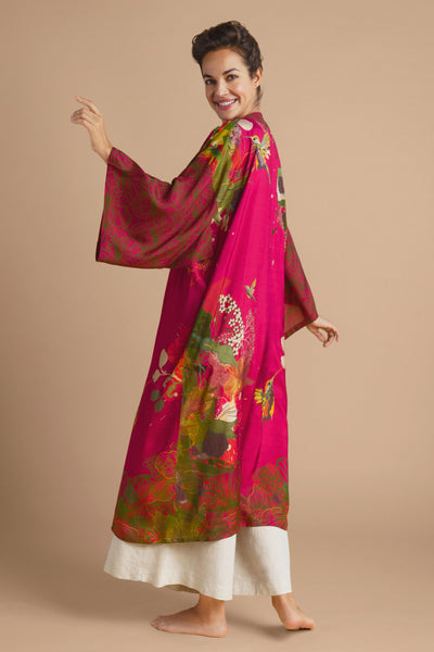 Hummingbird Kimono Gown In Raspberry