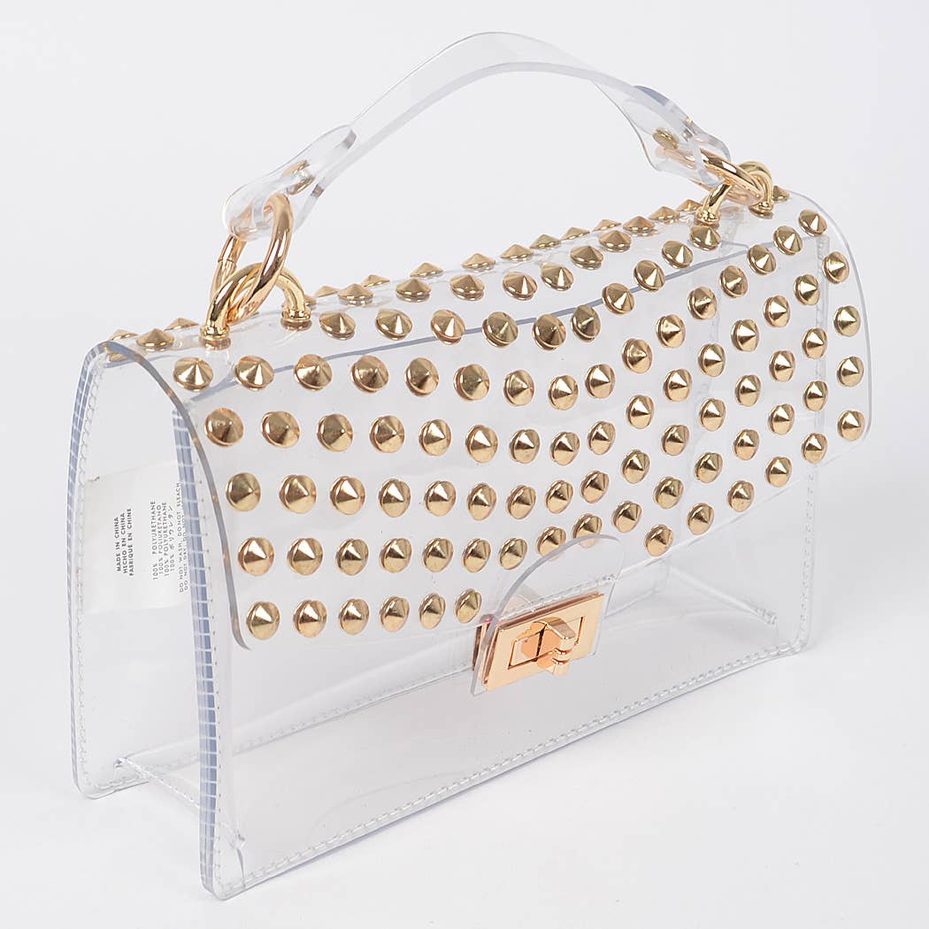 Studded Transparent Top Handle Bag: Gold