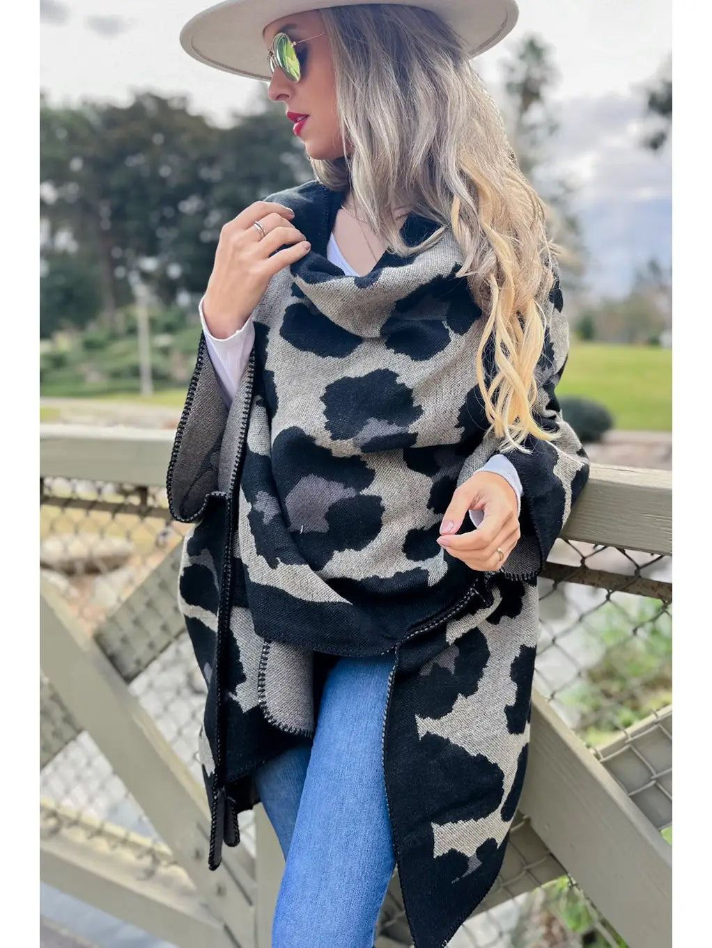 FINAL SALE Black Leopard Printed Knitted Cozy Kimono Cardigan