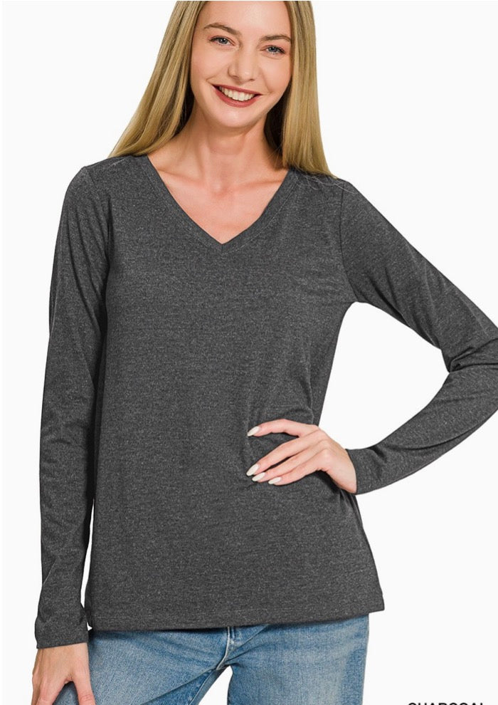 V-neck Long Sleeve T-shirt-Charcoal