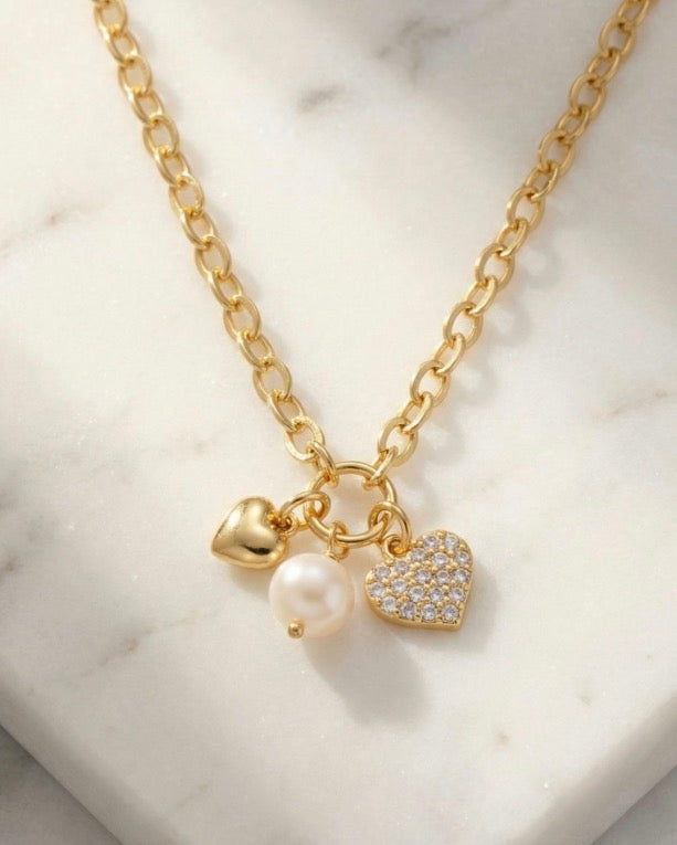 Heart & Pearl Charm Pendant Necklace-Crystal