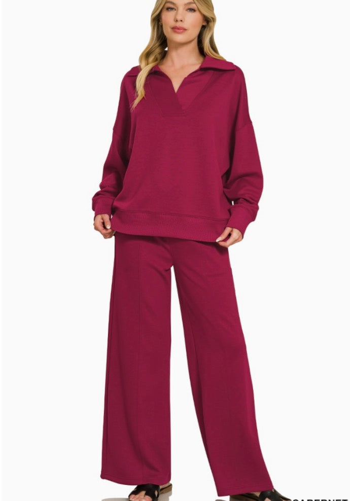 Scuba Collared Pullover&Pants Set-Cabernet