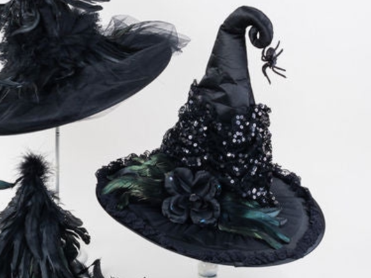 Black Feather Witch Hat-Hanging Spider