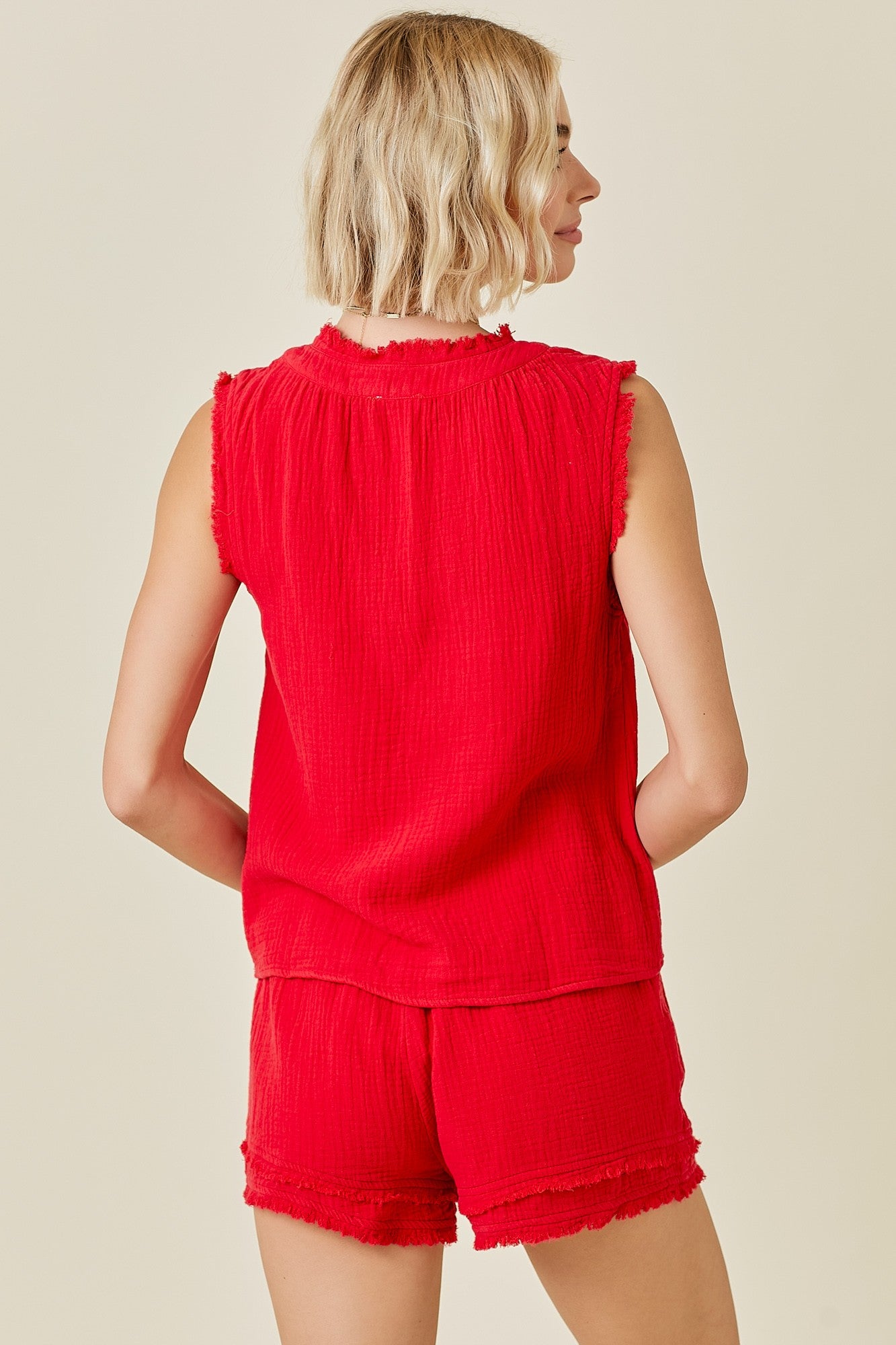 FINAL SALE Distressed V-Neck Gauze Top - Red
