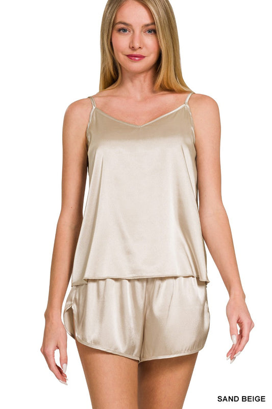 FINAL SALE Satin Cami & Short Set - Sand Beige