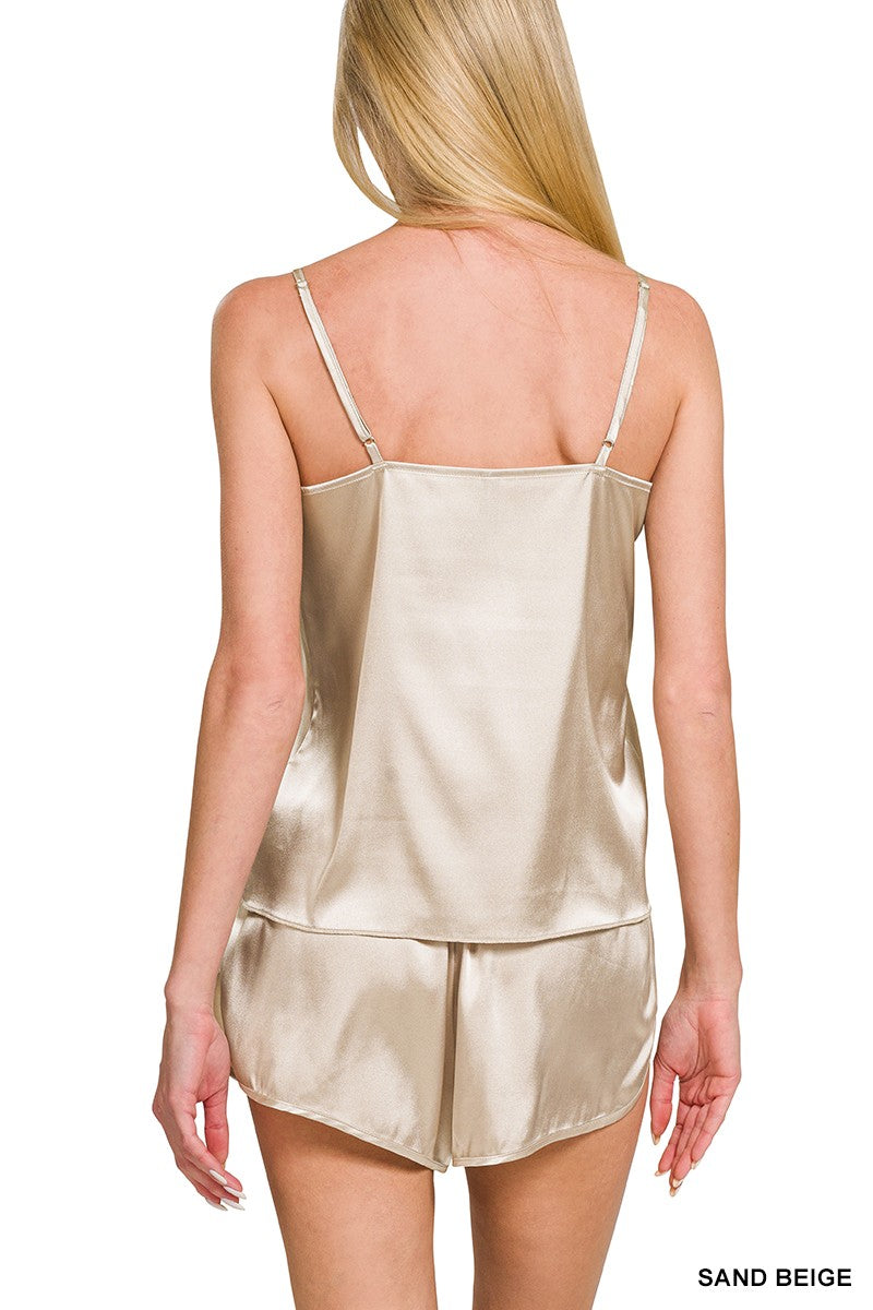 FINAL SALE Satin Cami & Short Set - Sand Beige