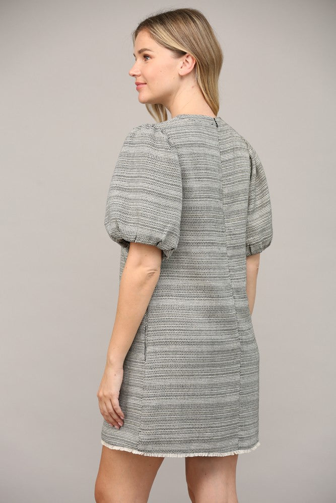 FINAL SALE Metallic Tweed Short Puff Sleeve Dress