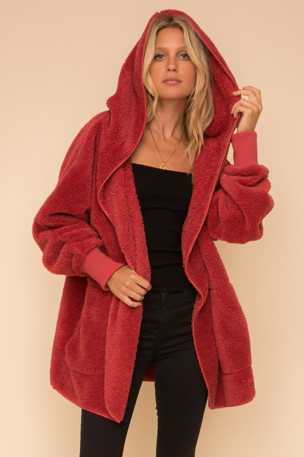 FINAL SALE Faux Fur Plush Hooded Jacket - Vintage Red