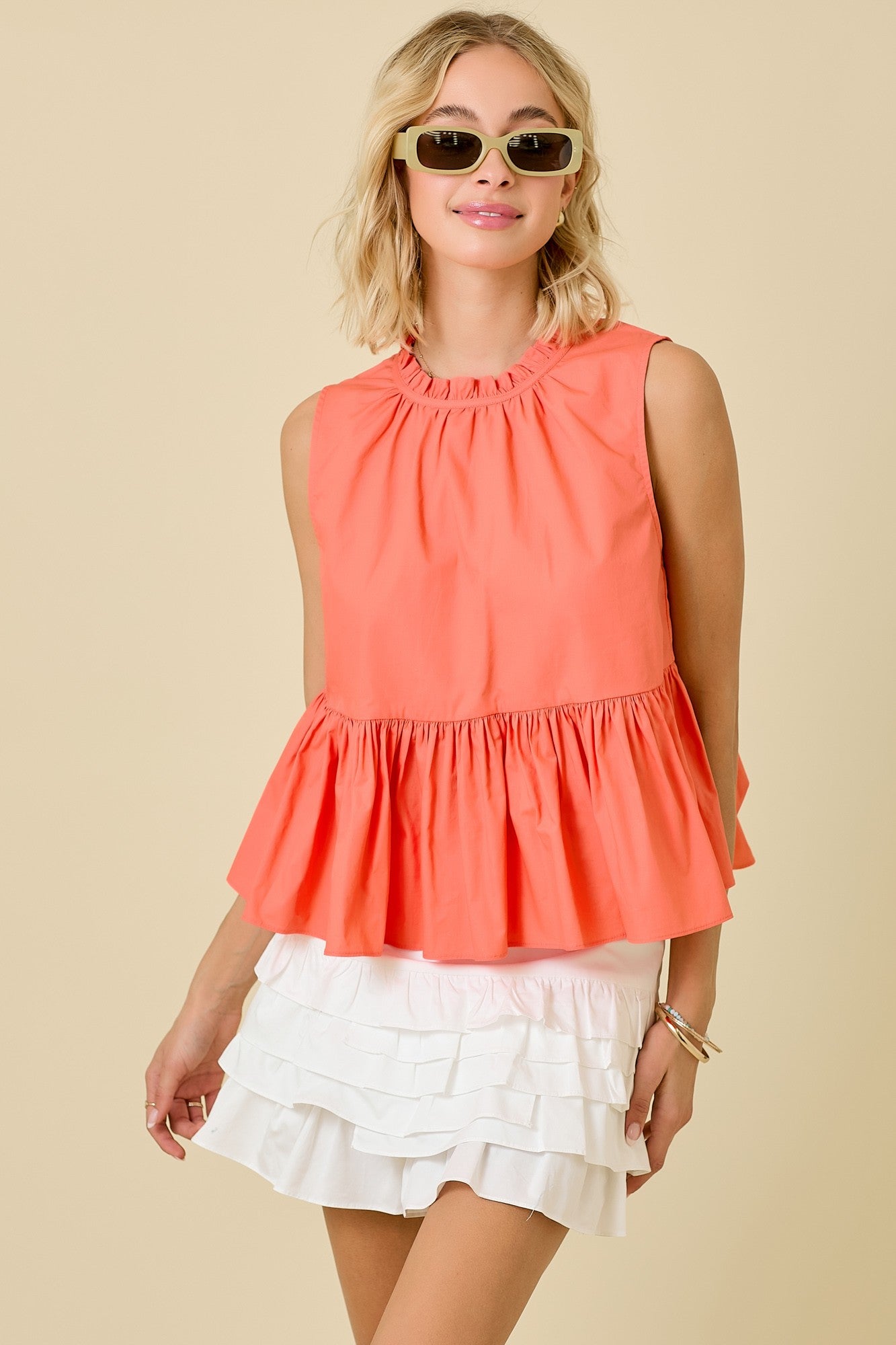 Sleeveless Drop Waist Poplin Top - Coral