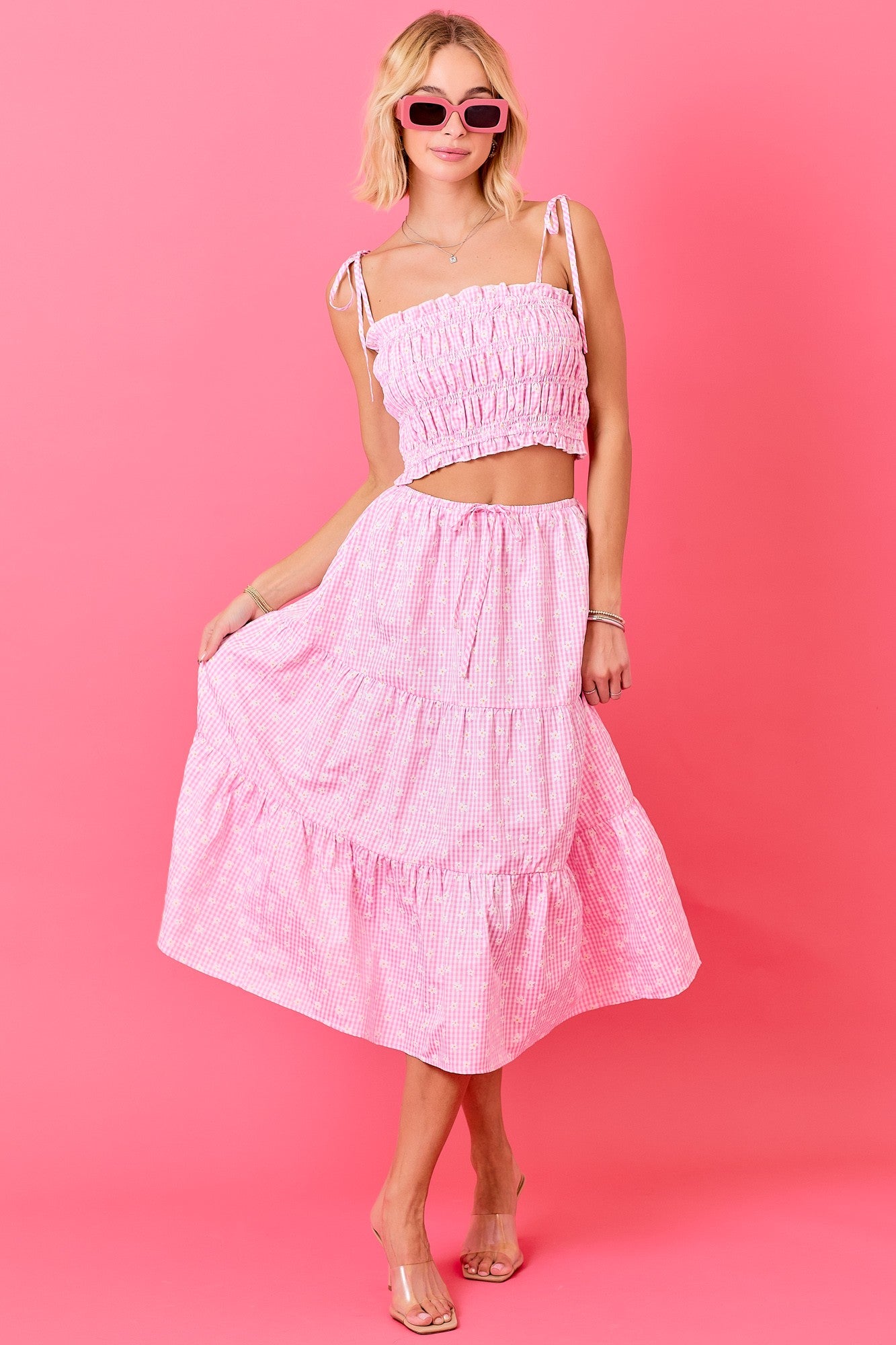Flower Gingham Smocked Top & Skirt Set