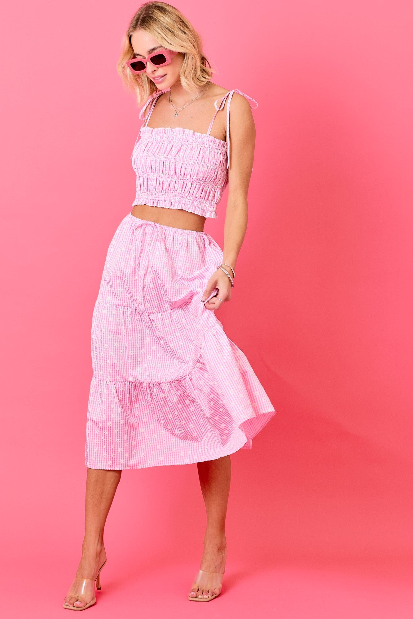 Flower Gingham Smocked Top & Skirt Set