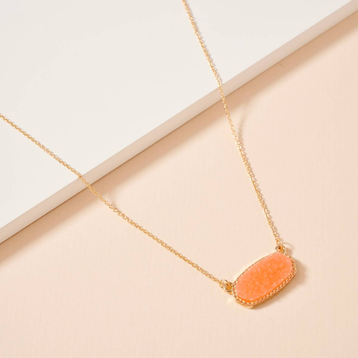 Druzy Stone Charm Short Necklace-Coral