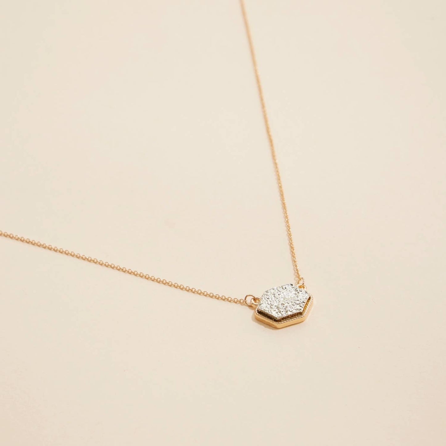 Hexagon Druzy Stone Charm Short Necklace-Gold