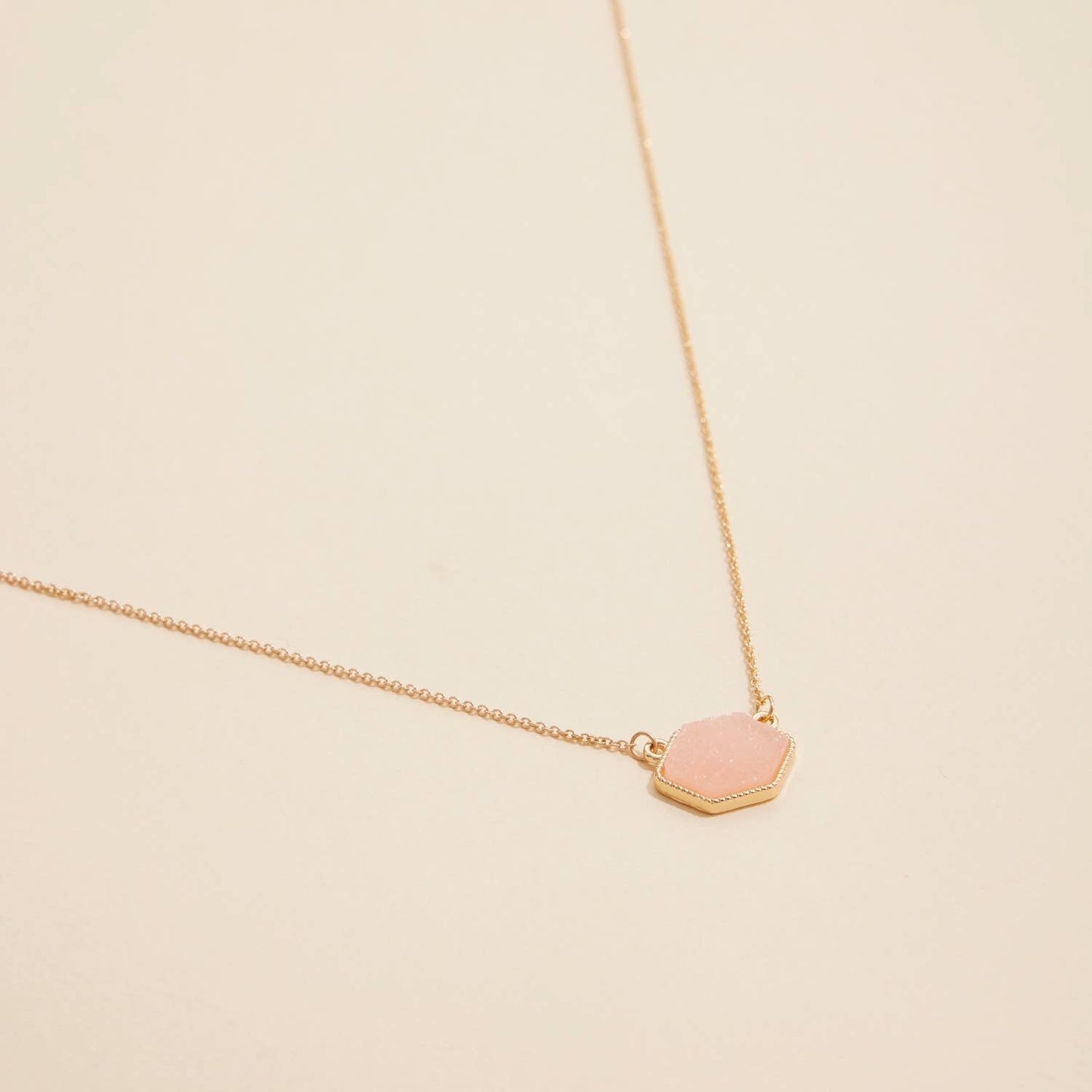 Hexagon Druzy Stone Charm Short Necklace-Peach