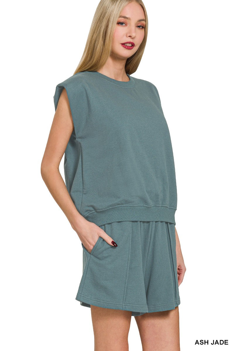 French Terry Sleeveless Top & Shorts Set - Ash Jade