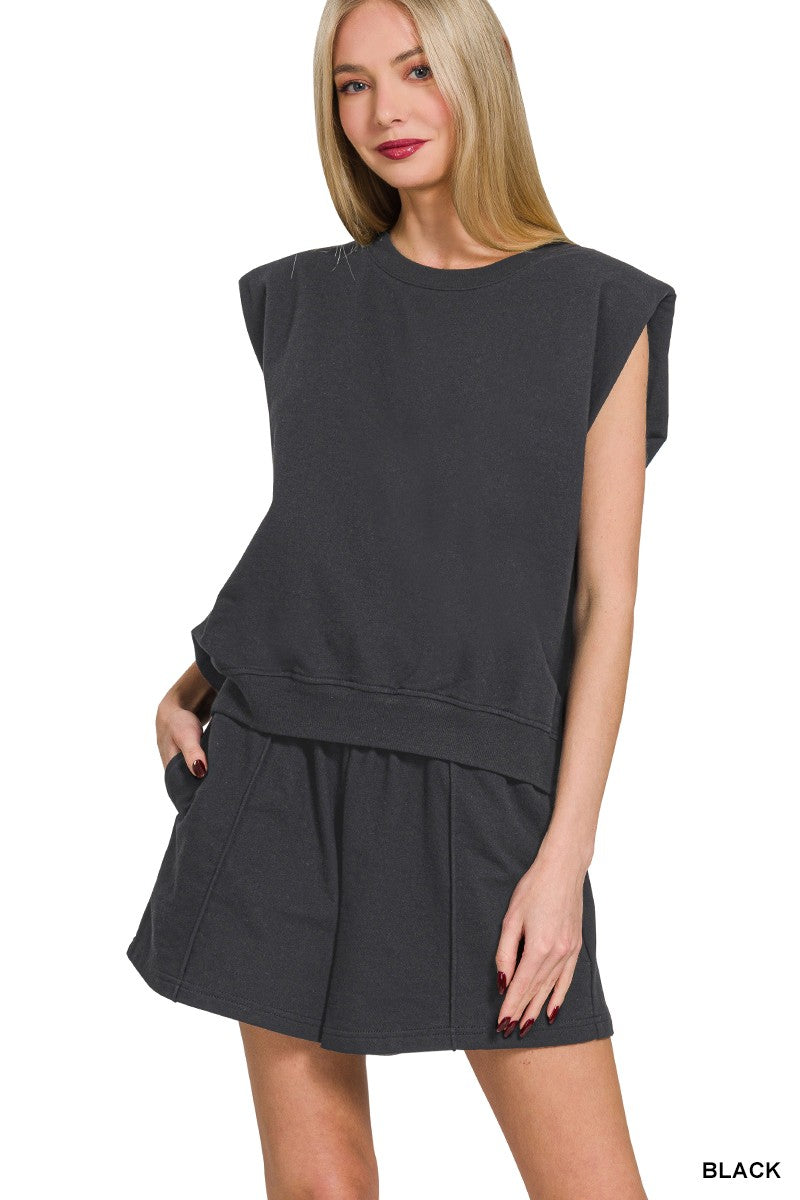 French Terry Sleeveless Top & Shorts Set - Black