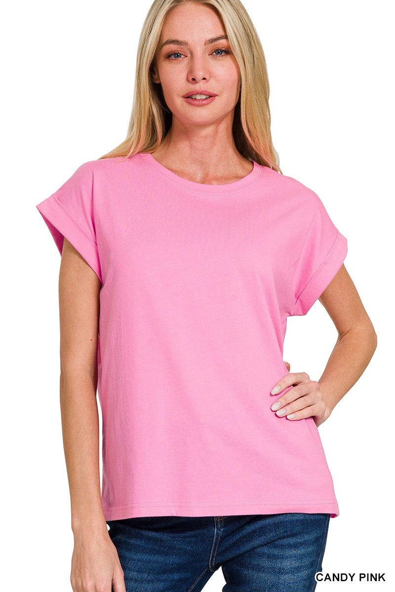 Round Neck Folded Short Sleeve T-Shirt - Candy Pink