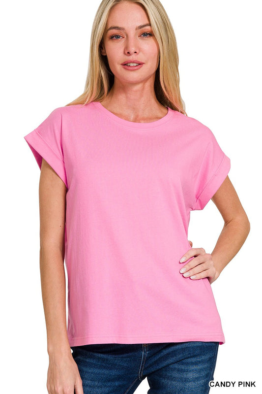 FINAL SALE Round Neck Folded Short Sleeve T-Shirt - Candy Pink