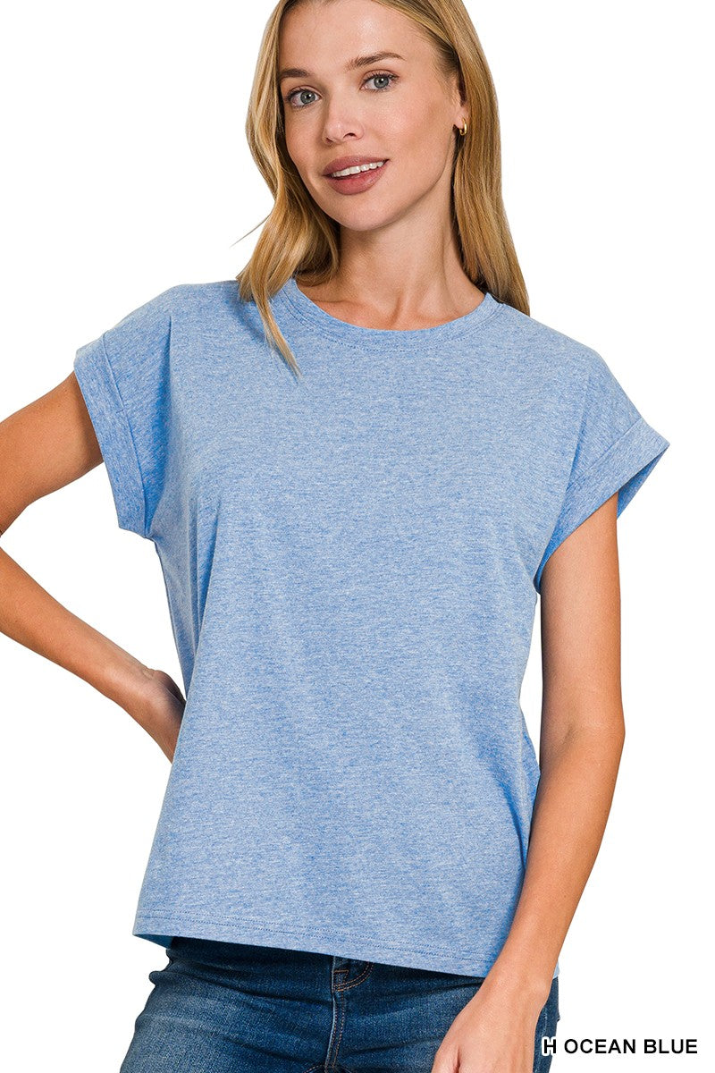 Round Neck Folded Short Sleeve T-Shirt - Blue