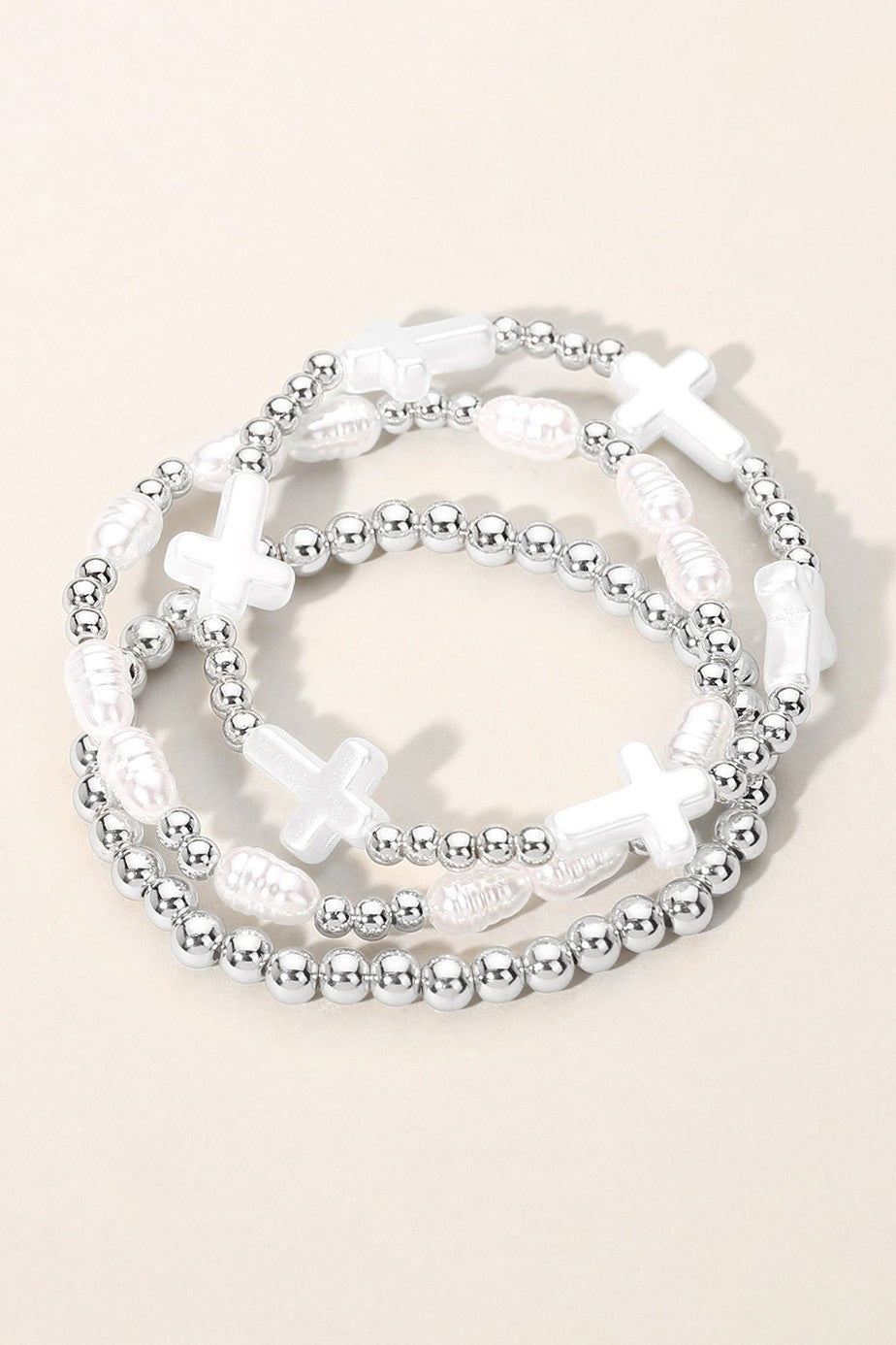 Pearl Cross Beaded Layered Stretch Bracelets- Silver