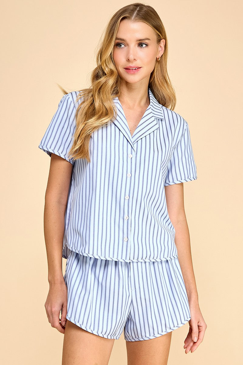 Motion Striped Short Sleeve Button Up Pajama Set - Blue