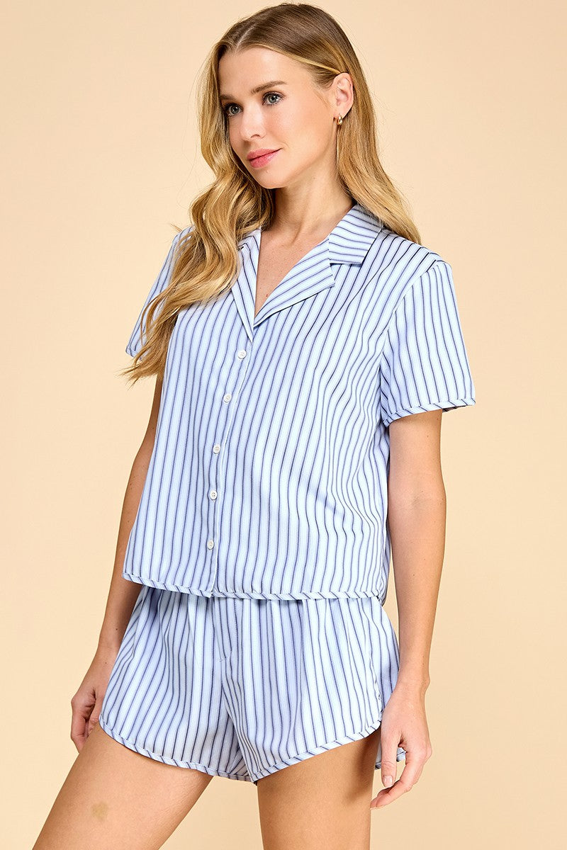 Motion Striped Short Sleeve Button Up Pajama Set - Blue