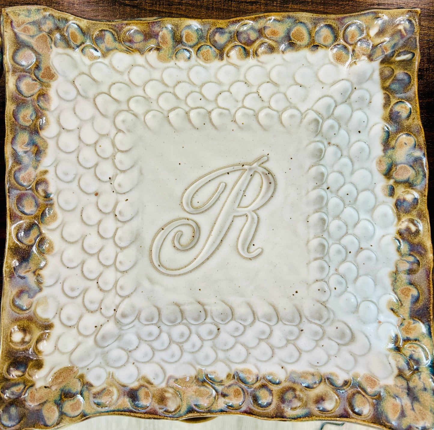 FINAL SALE Finger Print Large Initial Plate in Ivory Linen-F, J, R, V