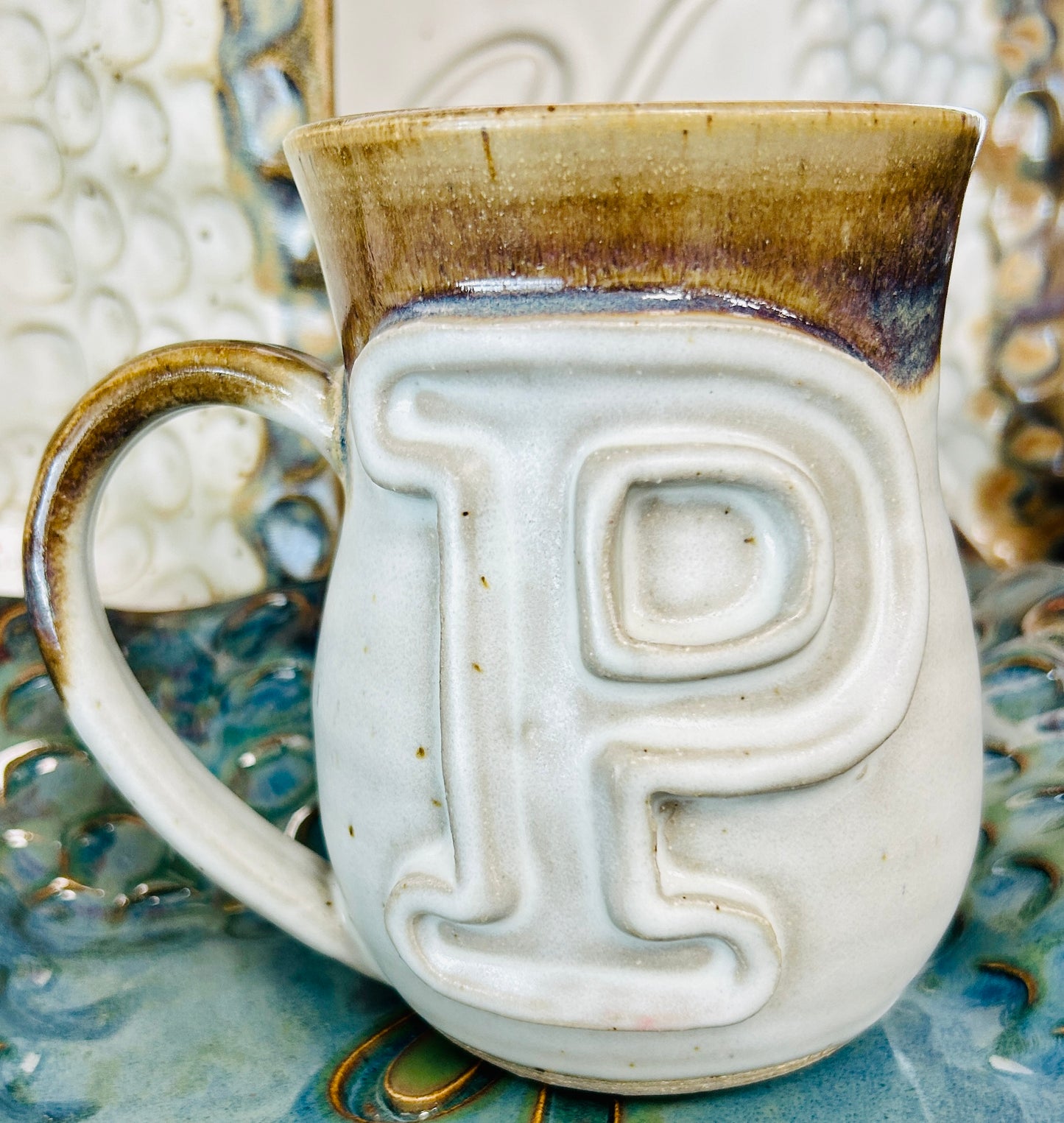 FINAL SALE Finger Print Initial Mugs in Ivory Linen-F, M, P