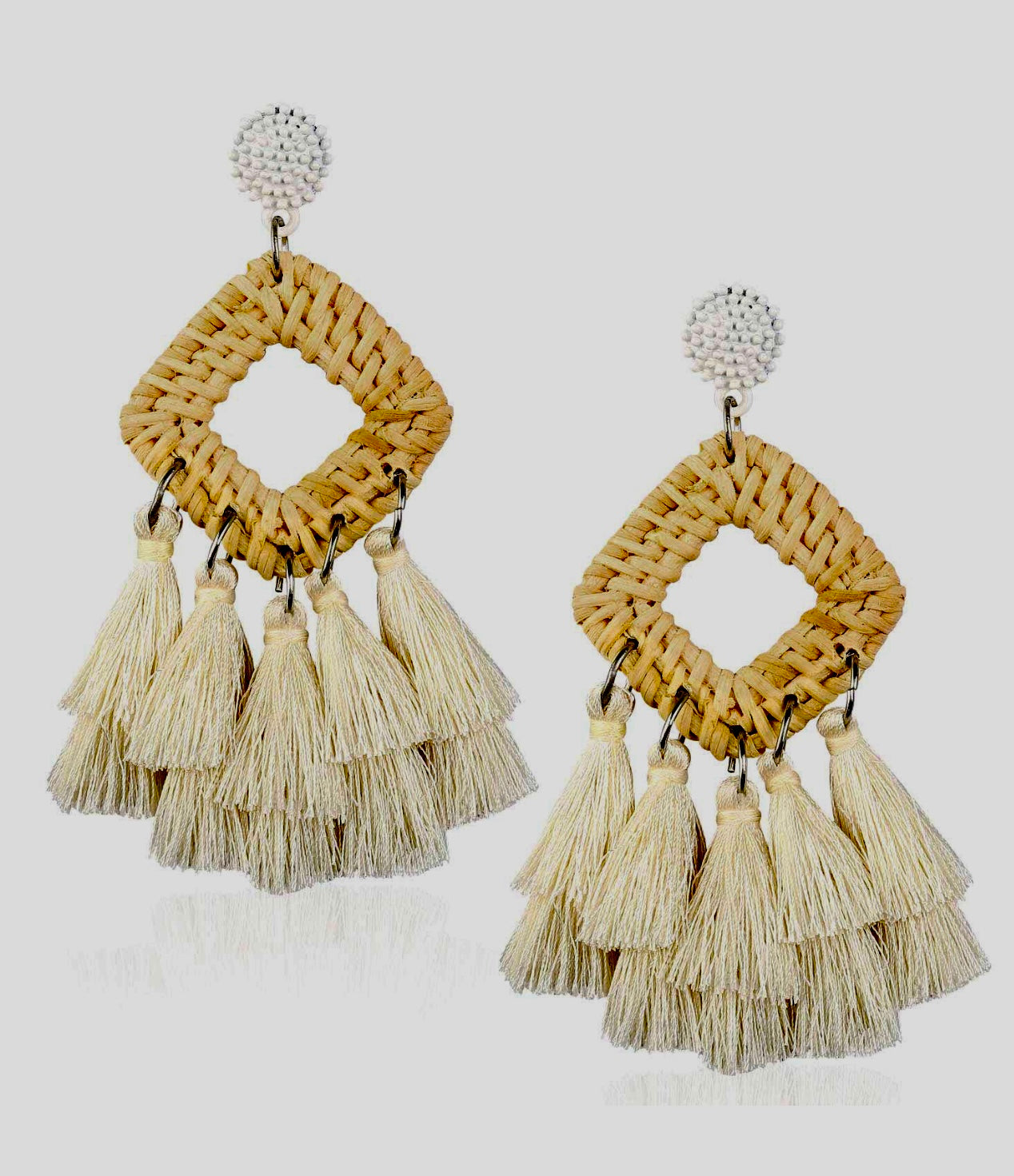 Tassel Rattan Statement Hoop Earrings-Tan