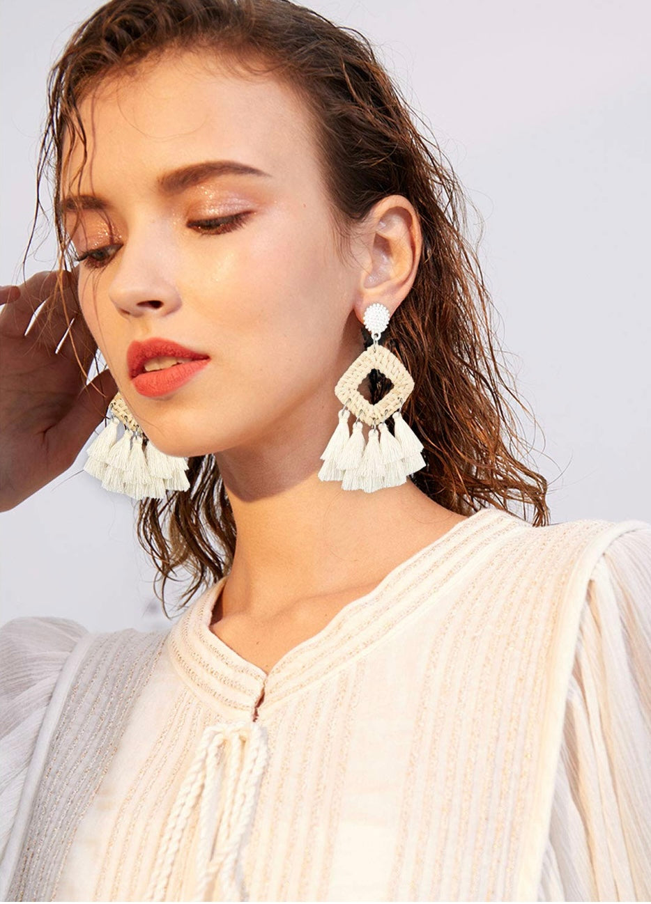 Tassel Rattan Statement Hoop Earrings-Ivory