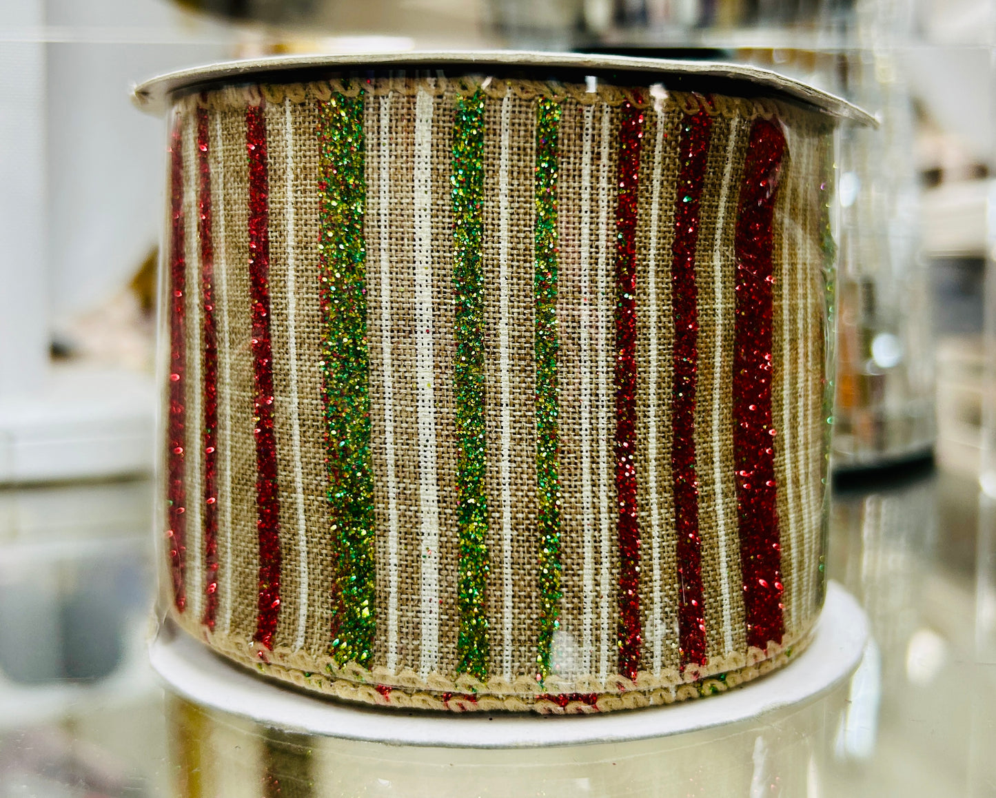 Red/Green Striped Sparkle Linen Wired Ribbon-2.5"