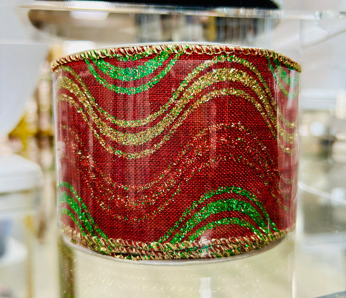 Red/Green/Gold Wave Sparkle Linen Wired Ribbon-2.5"