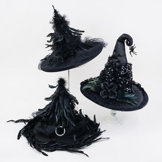 Black Feather Witch Hat-Hanging Spider