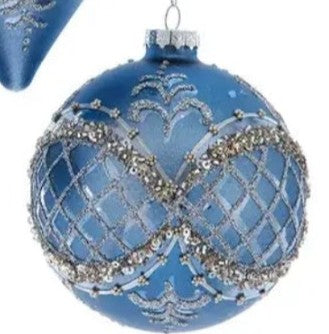Blue/Platinum Glitter Ornament Glass -Ball, Finial, Onion