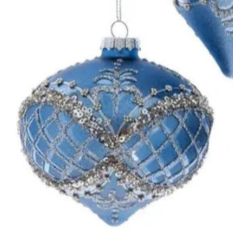 Blue/Platinum Glitter Ornament Glass -Ball, Finial, Onion