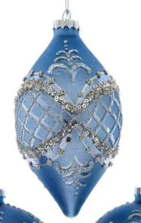 Blue/Platinum Glitter Ornament Glass -Ball, Finial, Onion