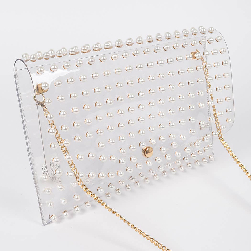 Pearl Studded Transparent Envelope Clutch: Gold