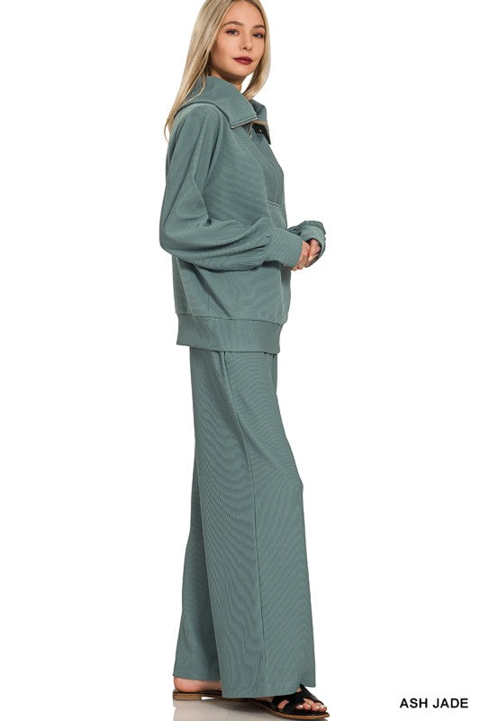 Ribbed Half Zip Pullover & Pants Set- Ash Jade