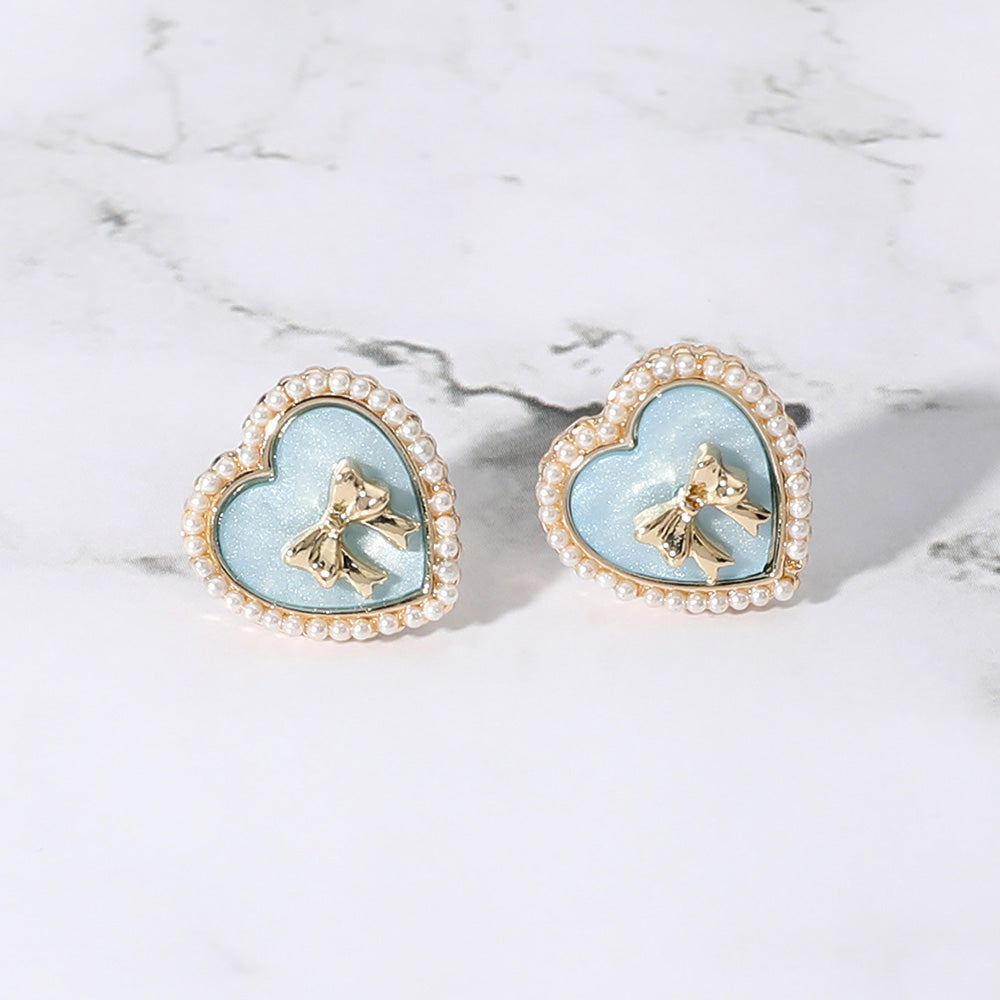 Pearl Edge Heart Bow Stud Earrings-Blue