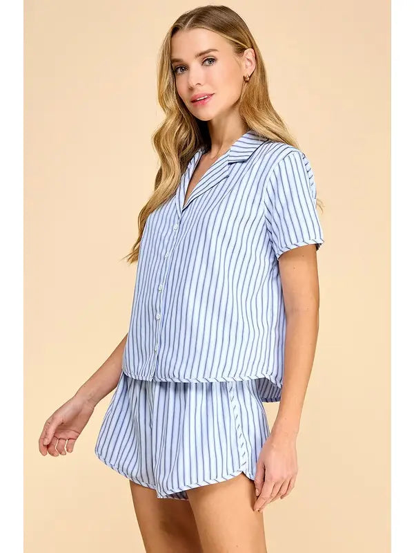 Motion Stripe Short Sleeve Button Up Pajama Set - Pink