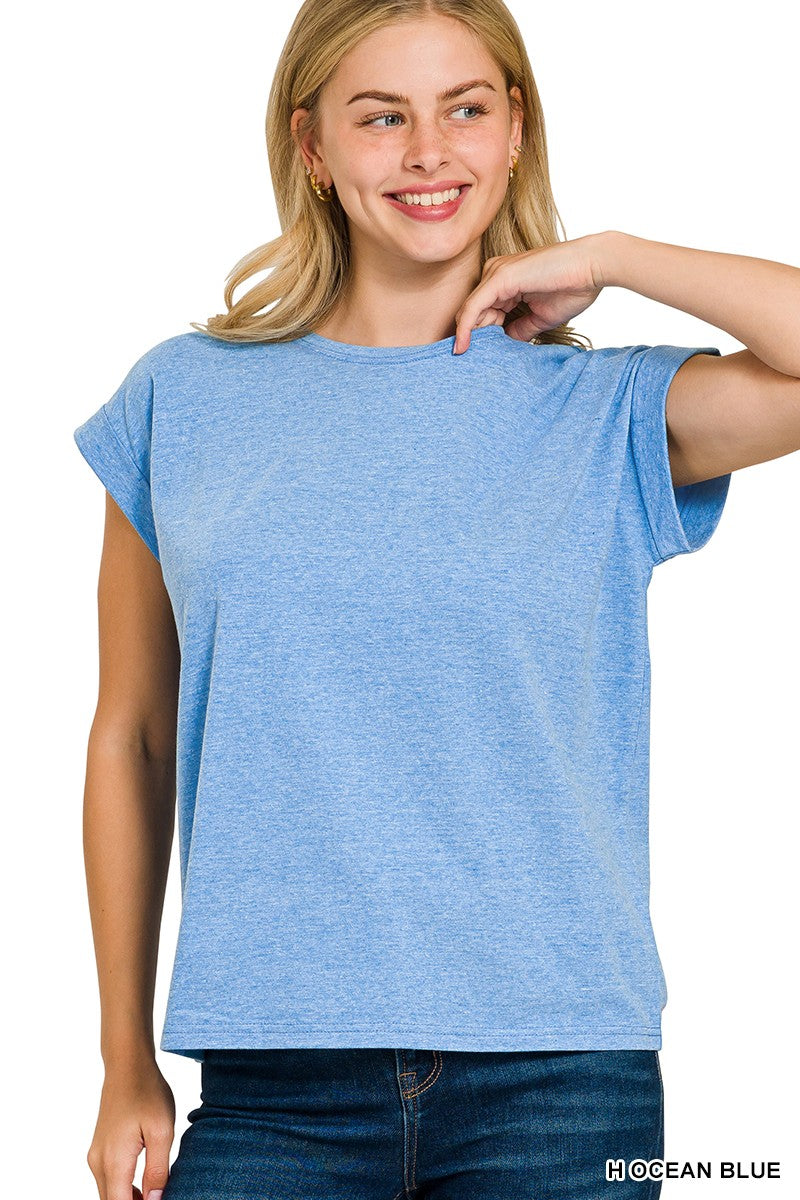 Round Neck Folded Short Sleeve T-Shirt - Blue