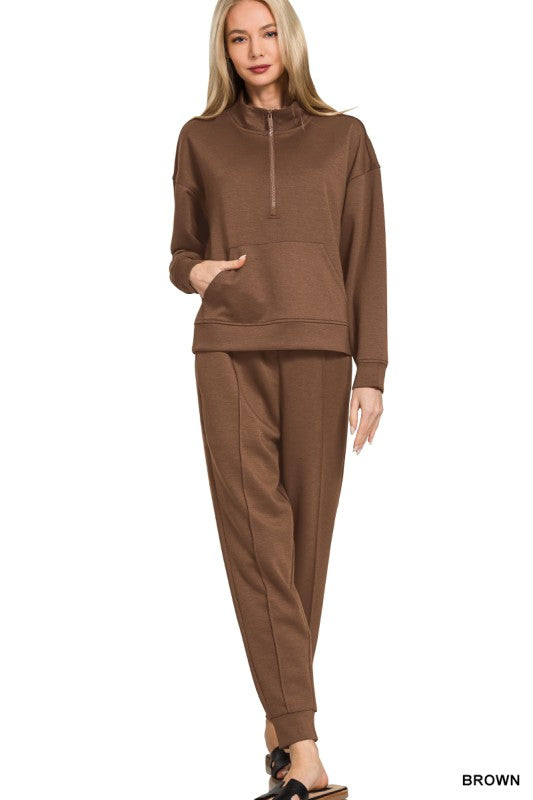 Half Zip Sweatshirt & Jogger Set- Brown