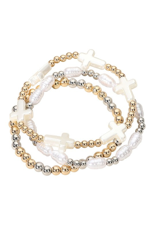 Pearl Cross Beaded Layered Stretch Bracelets- Gold/Silver
