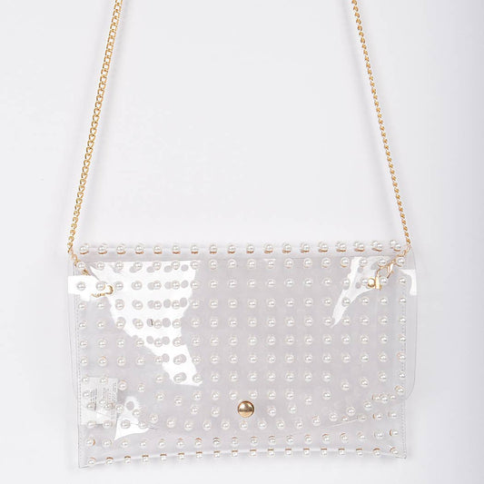 Pearl Studded Transparent Envelope Clutch: Gold