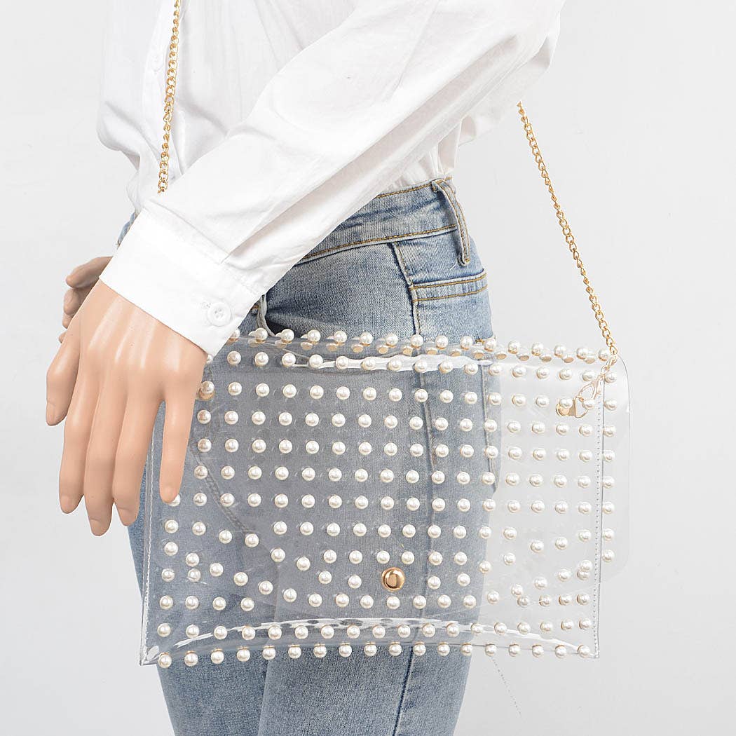 Pearl Studded Transparent Envelope Clutch: Gold