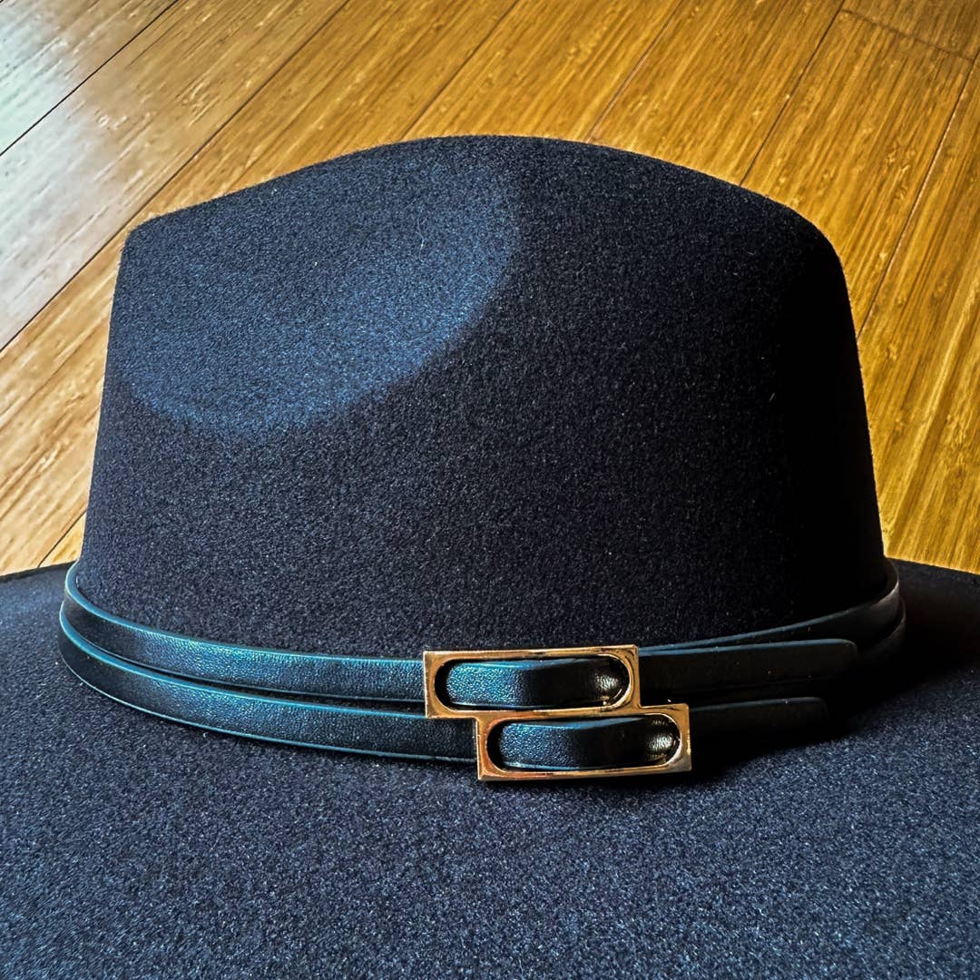 Sleek Black Fedora with Faux Leather Double Buckle Trim-One Size