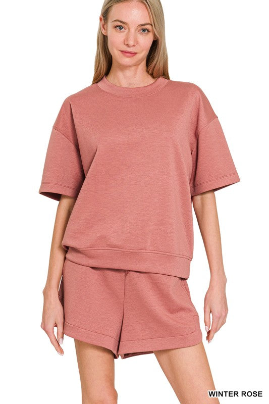 Scuba Round Neck Top & Dolphin Shorts Set-Winter Rose