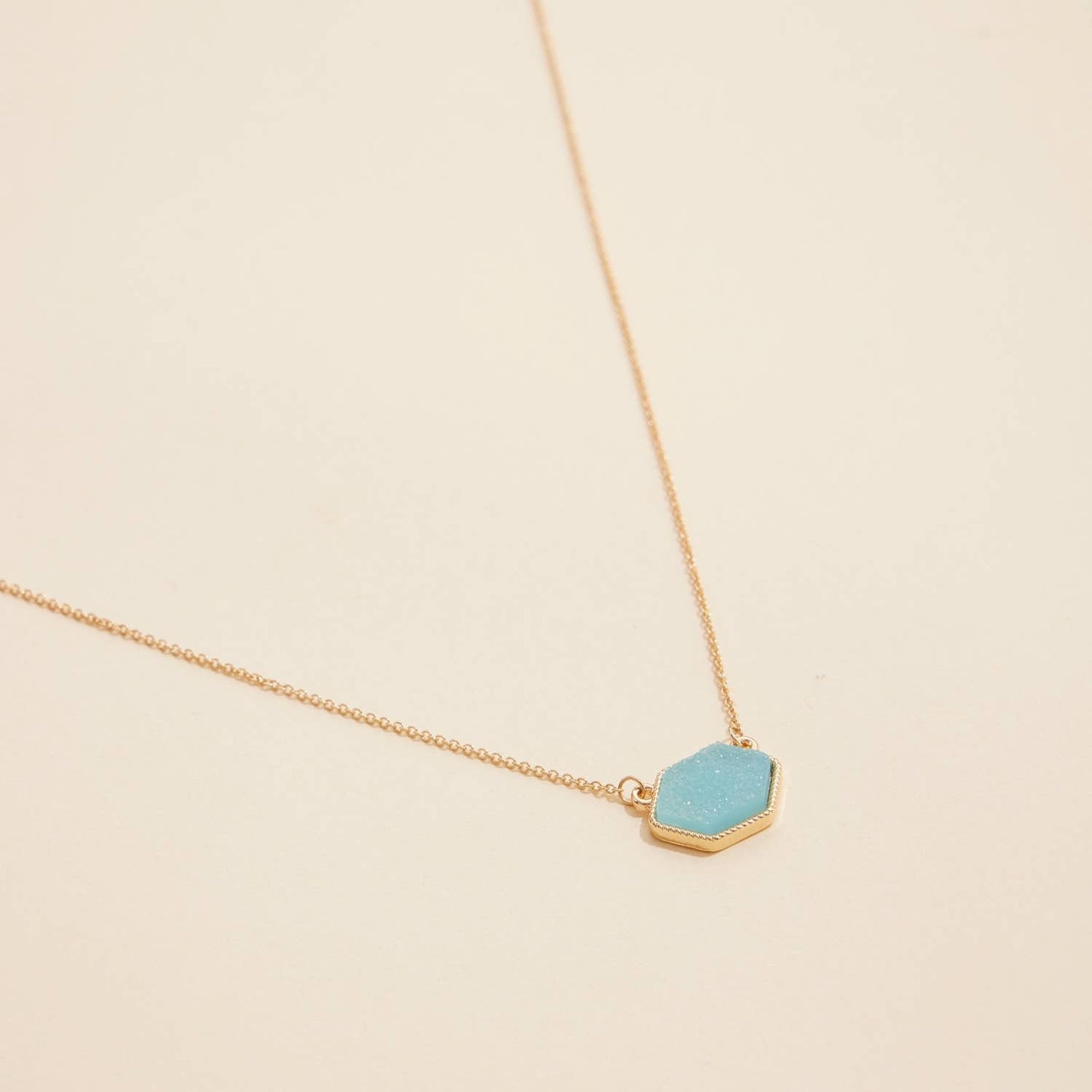 Hexagon Druzy Stone Charm Short Necklace-Aquamarine