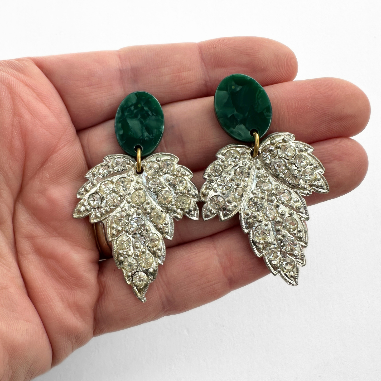 Vintage Rhinestone Leaf Earrings with Green Oval Posts